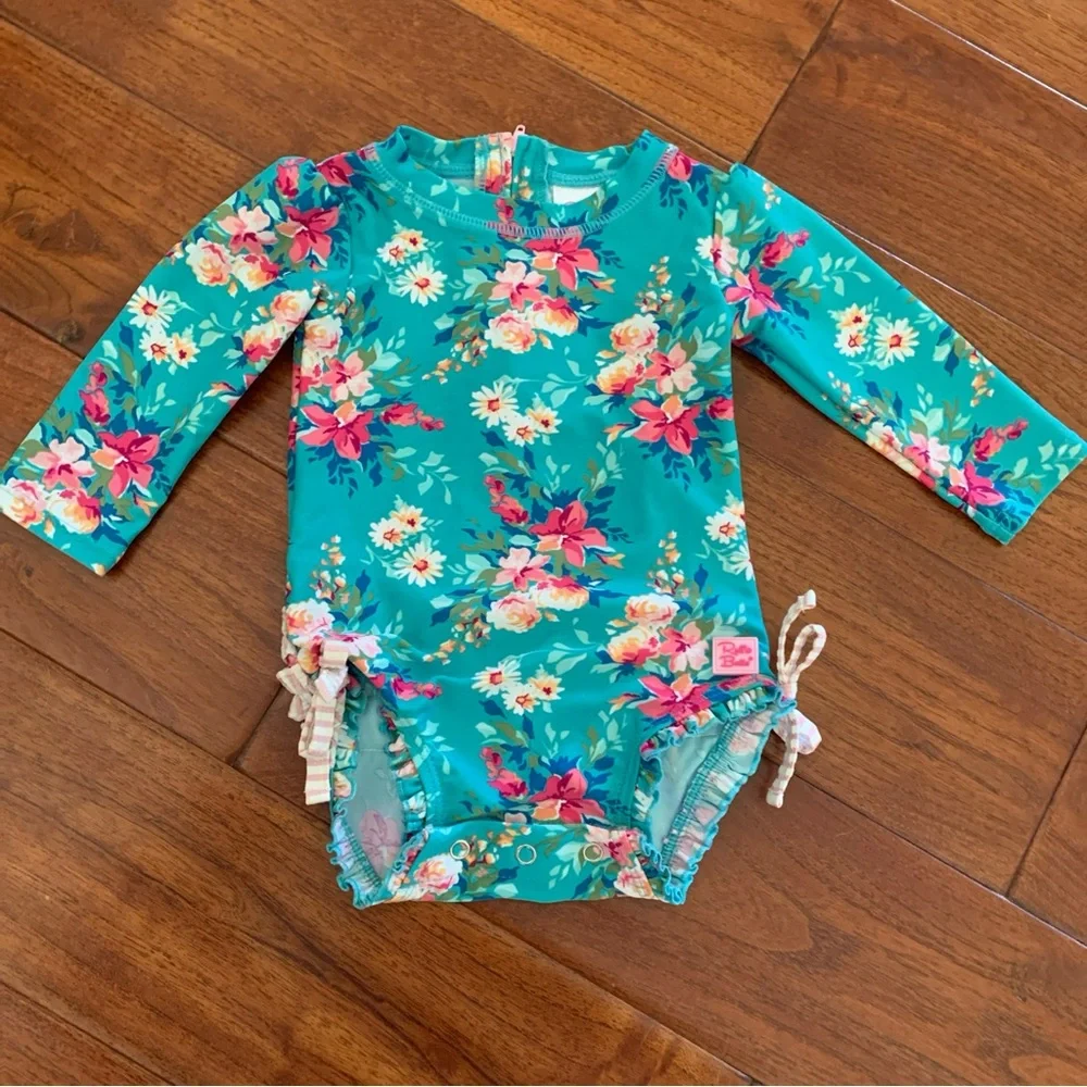 Ruffle Butts One Piece Swimsuit 6-12 Mos Rash Guard Fancy Me Floral Long Sleeve